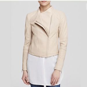 VINCE Asymmetrical Rib-Knit Zip-Cuff Collarless Lambskin Jacket
